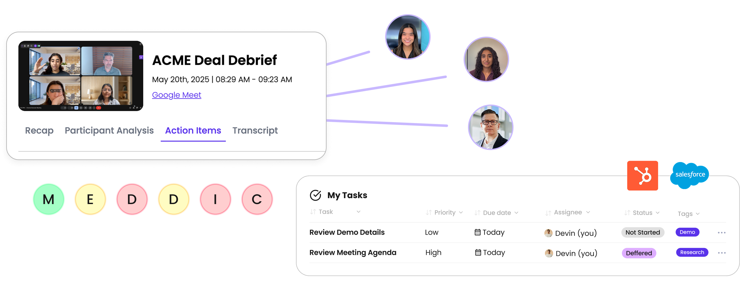 Teameight meeting recap for ACME Deal Debrief with participant avatars and an auto-generated My Tasks table showing assigned action items with priorities