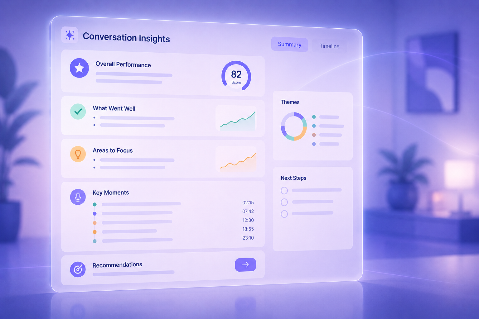 AI conversation insights dashboard showing overall performance score, what went well, areas to focus, key moments timeline, themes breakdown, and recommended next steps