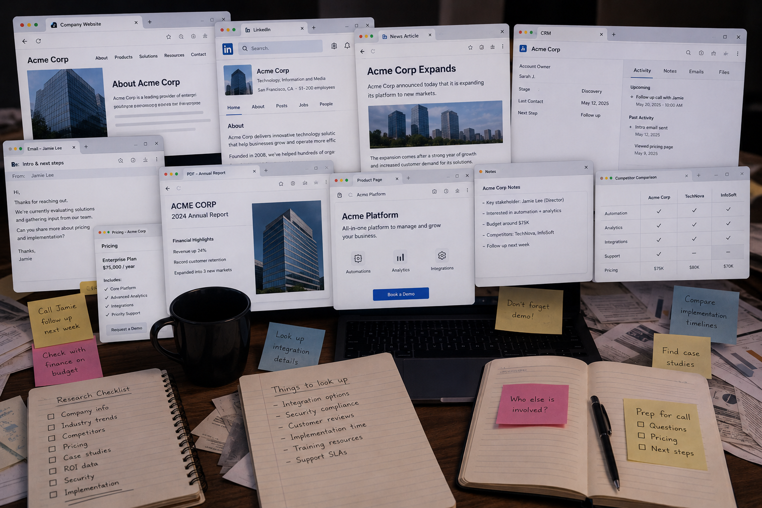 Cluttered desk with multiple browser tabs, sticky notes, notebooks, and research checklists representing the fragmented manual work sales reps do across CRM, LinkedIn, company sites, news articles, and notes
