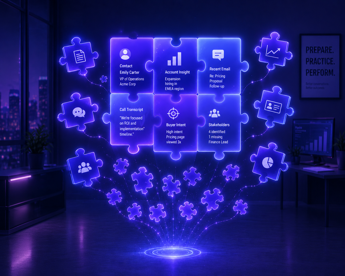 Sales intelligence visualization showing fragmented puzzle pieces of data — contact information, account insights, recent emails, call transcripts, buyer intent signals, and stakeholder maps — coming together into a unified system that scales across every deal