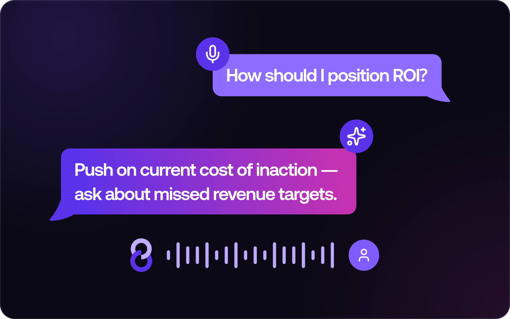 Teameight AI role-play coaching a rep through positioning ROI, advising them to push on the cost of inaction and ask about missed revenue targets, with a live voice waveform.