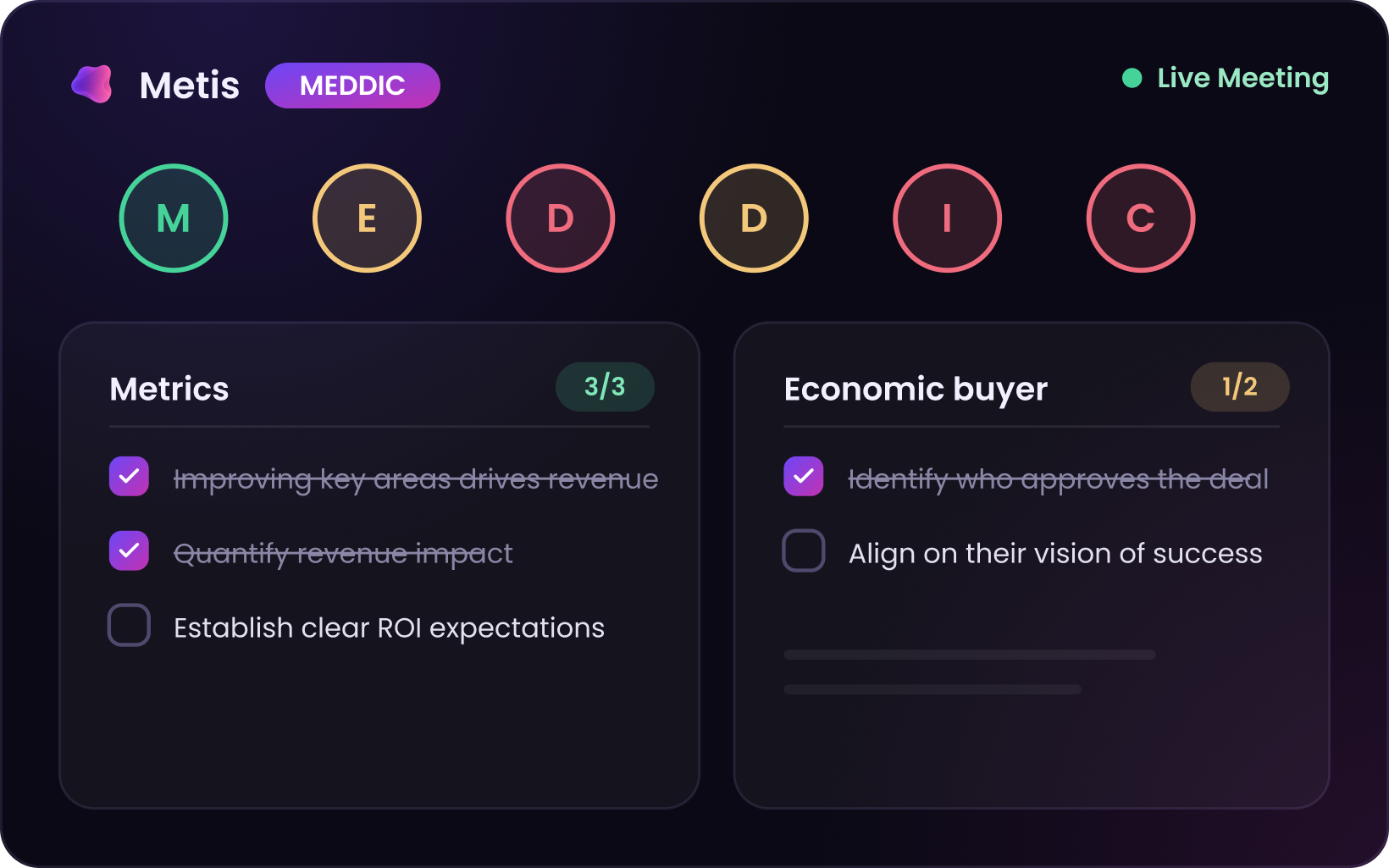 Teameight applying the MEDDIC sales methodology live during a meeting, with Metrics scored 3 of 3 and Economic Buyer 1 of 2 as criteria are checked off in real time.