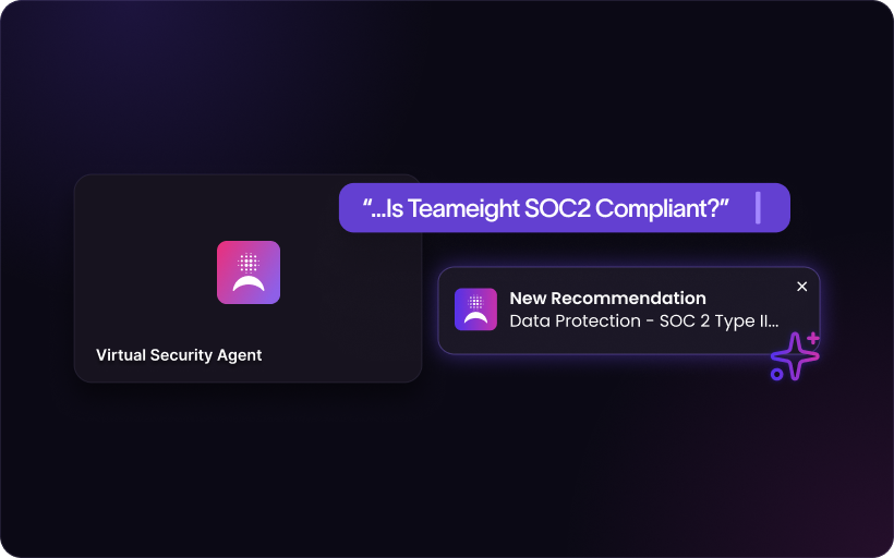 In-deal AI SME: Teameight Virtual Security Agent answers a live SOC 2 compliance question and recommends SOC 2 Type II docs