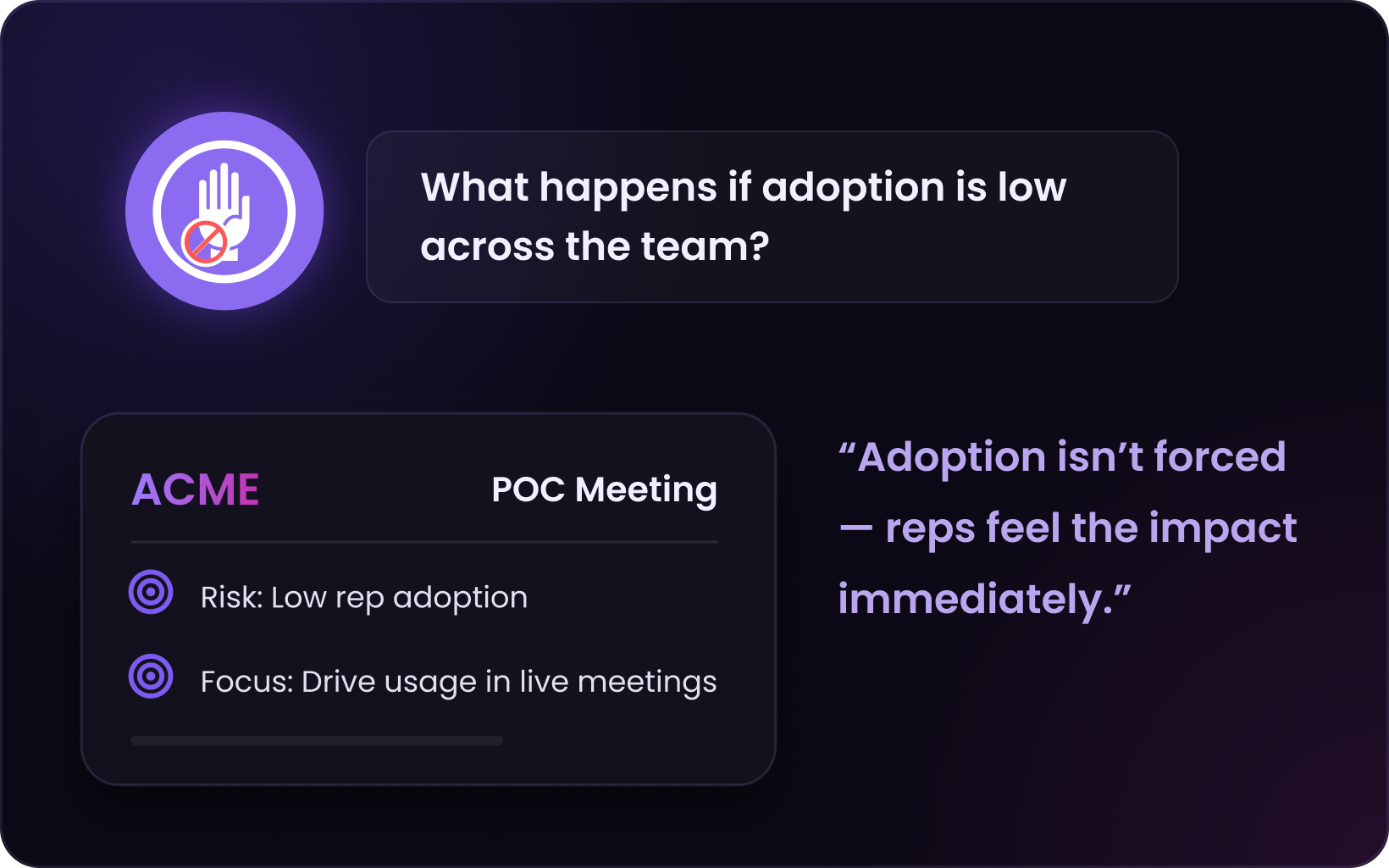Teameight providing manager-level backup on a call with a Head of RevOps, surfacing the customer's sales-process-adherence priority and a suggested question to drive consistent execution