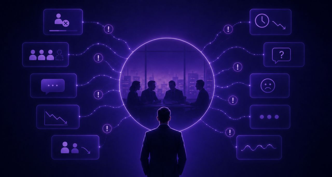A sales leader watching a live customer meeting ringed by warning signals: a stakeholder dropping off, declining engagement, unanswered questions, repeated objections, and falling sentiment.
